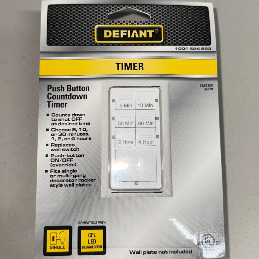 Defiant push button countdown timer replaces wall switch New in package, white